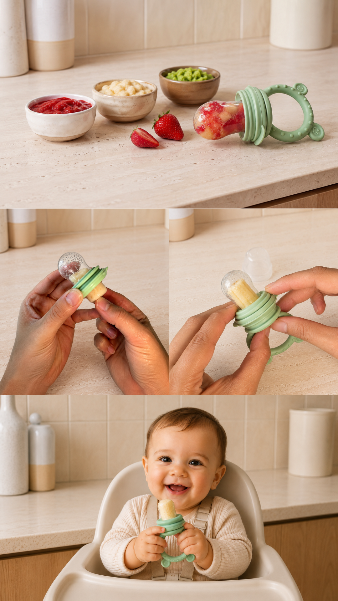 3 étapes. 30 secondes. Bébé explore en souriant.