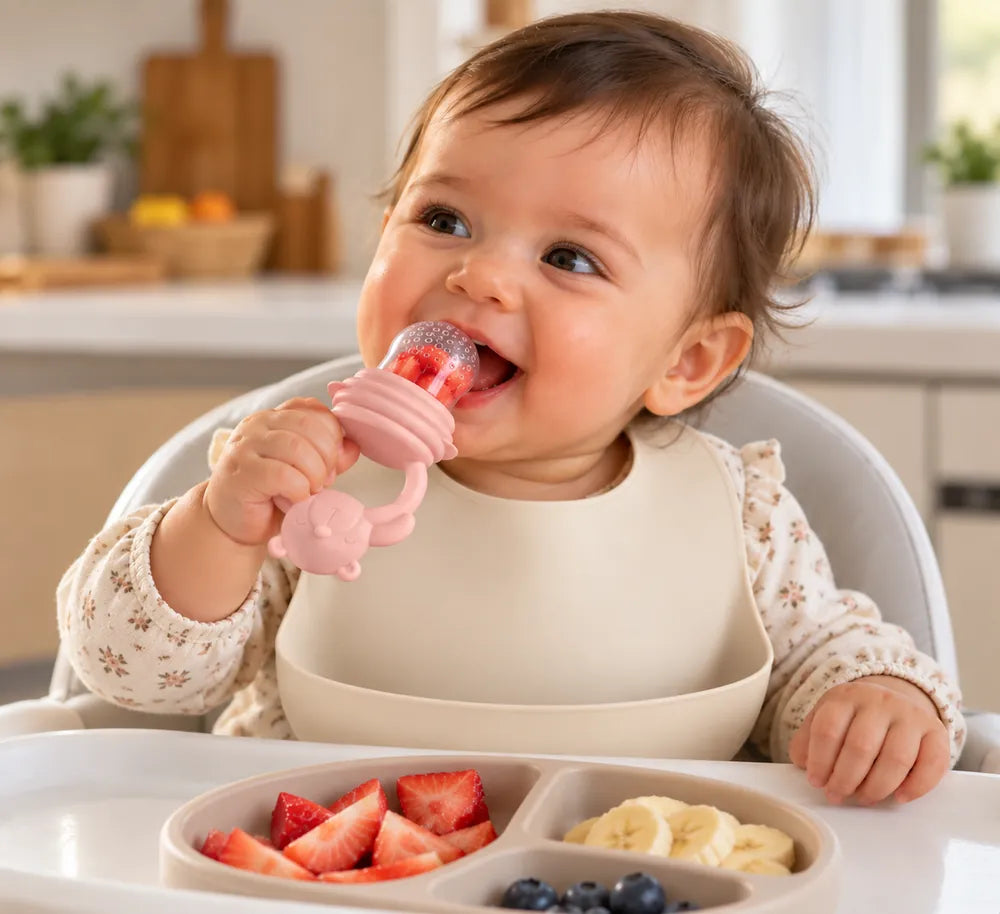 Bébé souriant qui mordille sa grignoteuse