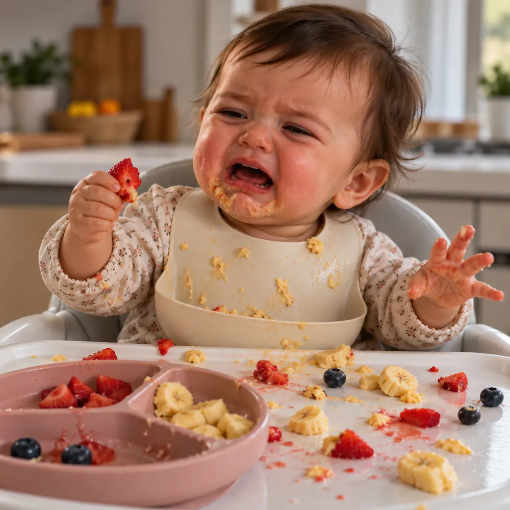 Bébé contrarié devant une assiette en désordre