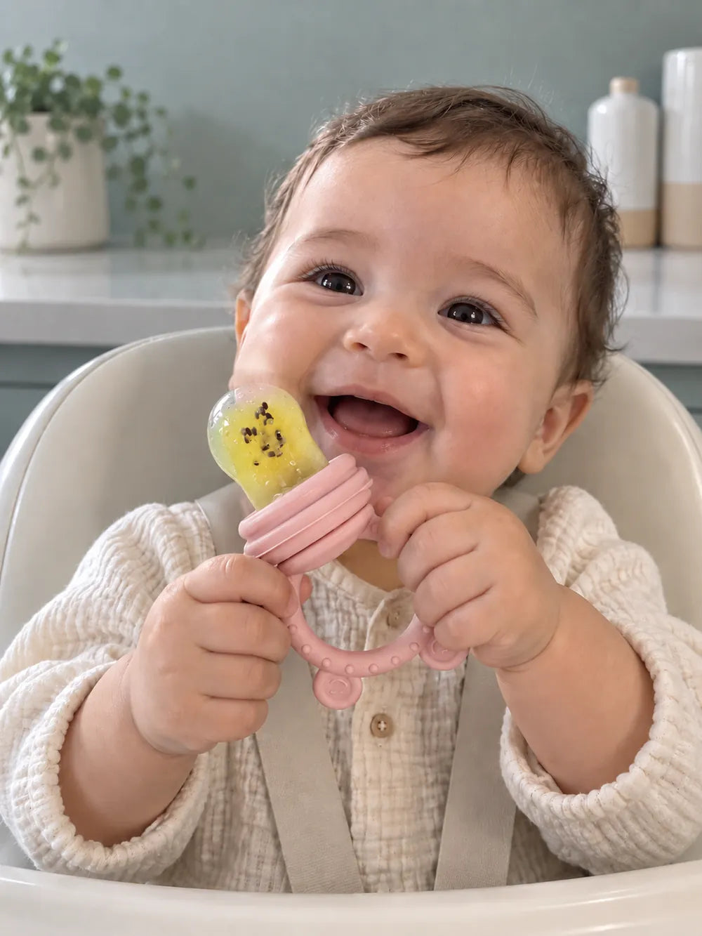 Bébé qui rit en mordillant sa grignoteuse rose